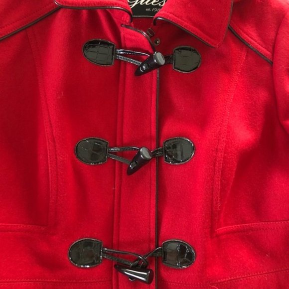 GUESS L NEW RED TOGGLE WOOL BLEND PEACOAT NWOT women's holiday Christmas cold - Picture 3 of 12